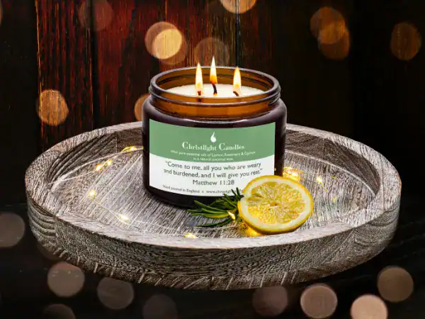 Hand-poured candle featuring the Biblical text: "Come to me, all you who are weary"